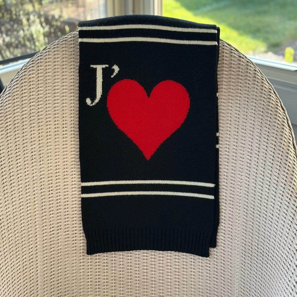 Dior J’♥ Dior Wool Cashmere Scarf Black Red Heart 12” x 76” NEW